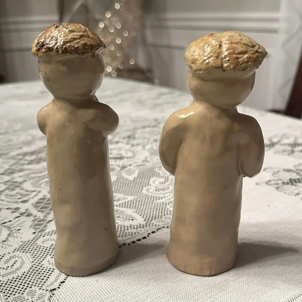 Glazed Stoneware Pottery Rustic Figurines X2 Folk Art Cottage Chic Love & Prayer